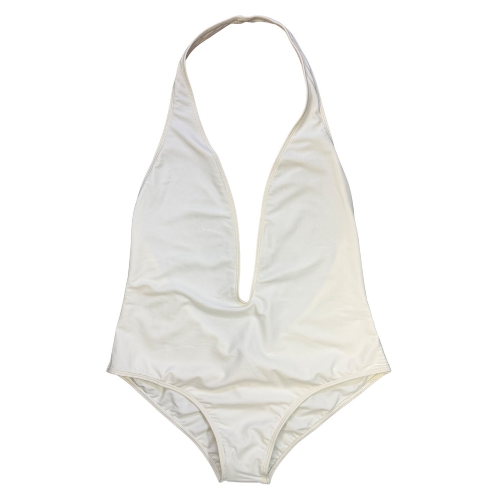Mia Marcelle Cream Halter Deep V-Neck One Piece Swimsuit NWT Large‎ Made in USA